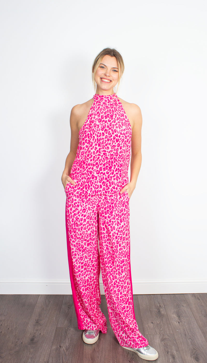 Kylie leo-print pink silk-blend trousers